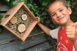 kind bij bijenhotel
