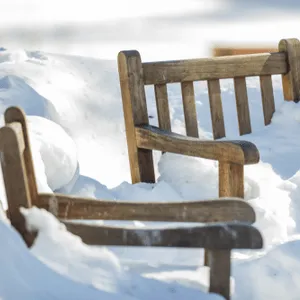 houten tuinstoelen bedekt met sneeuw