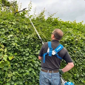 man works with pole hedge trimmer