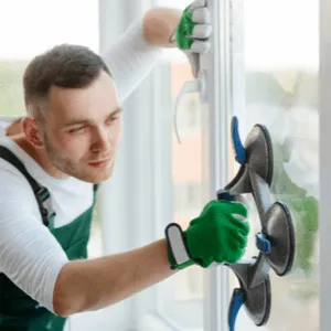 man places glass in window frame