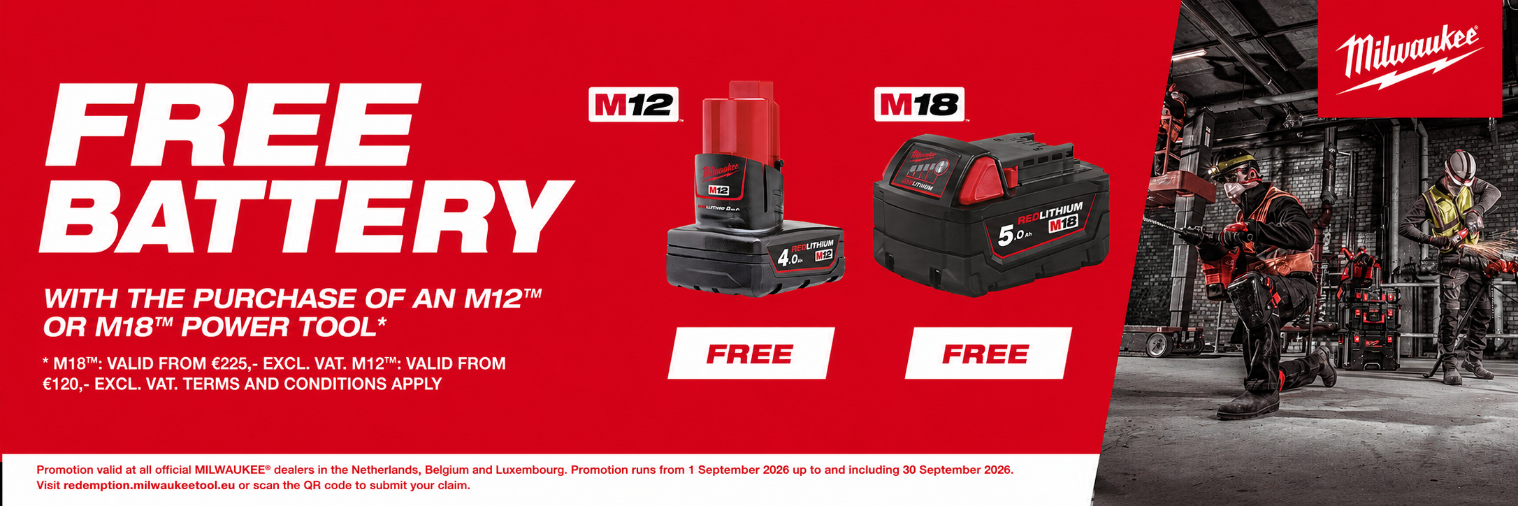 Milwaukee M12/M18 Free Battery Promotion 2026 - Receive a free Milwaukee M12 or M18 battery with the purchase of a participating Milwaukee tool! Milwaukee M12 and M18 Free Battery Promotion 2026